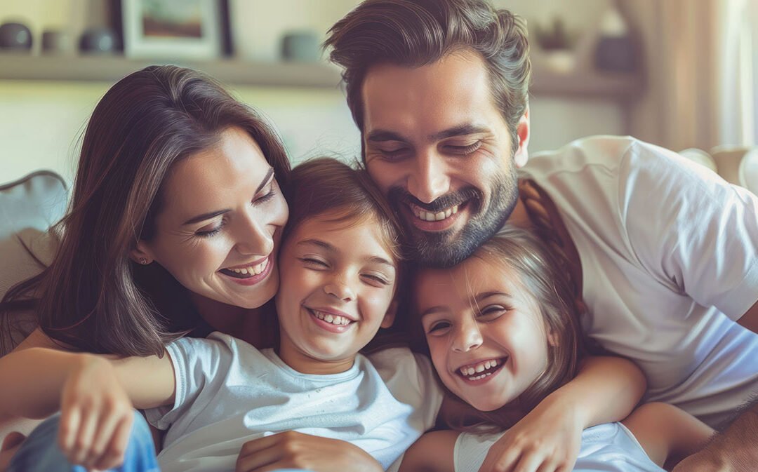 Family enjoying cool air from air conditioner in living room